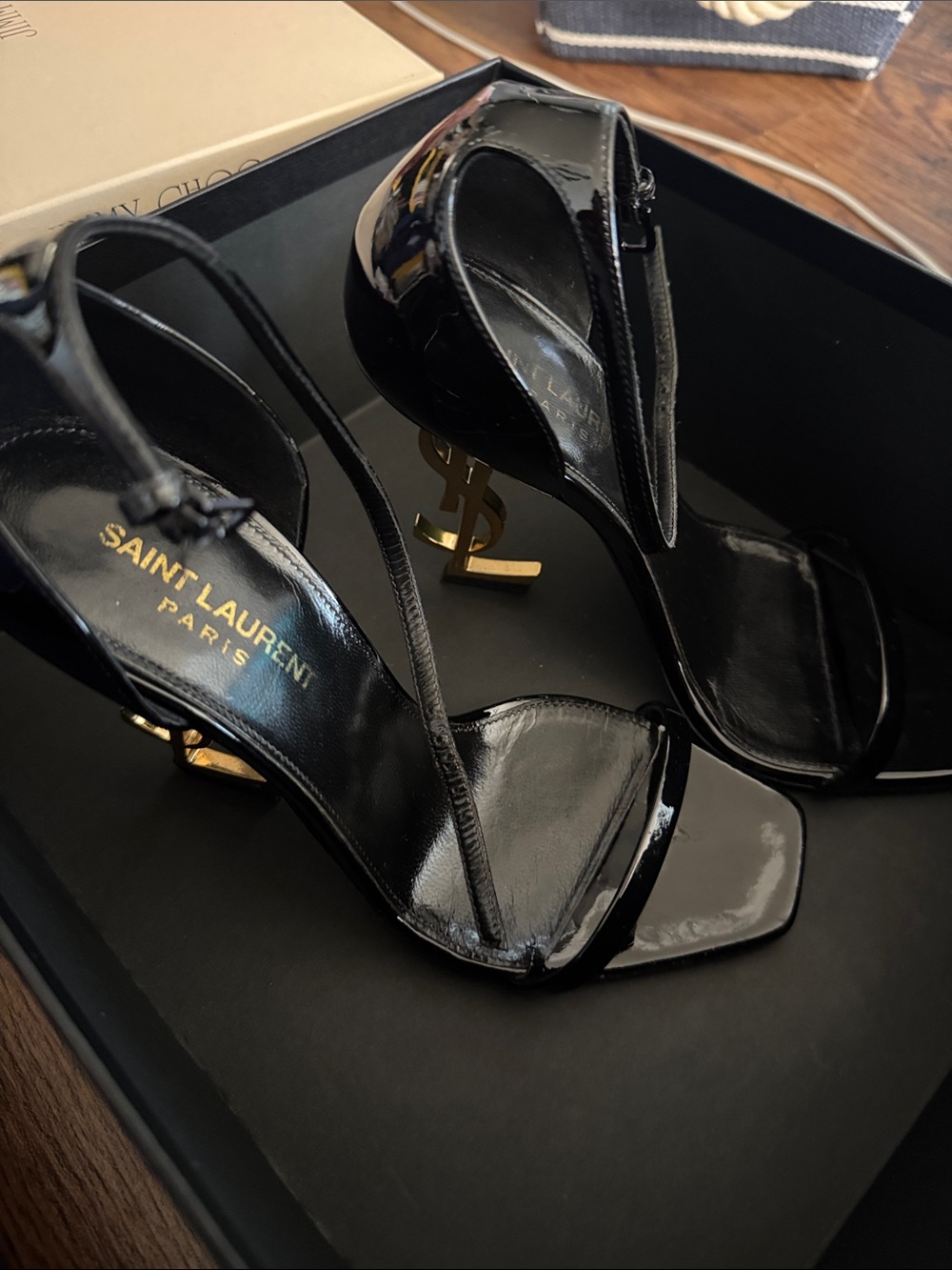 Saint Laurent Black Patent Logo Heel Sandals with Gold YSL Heel Opyum 110
